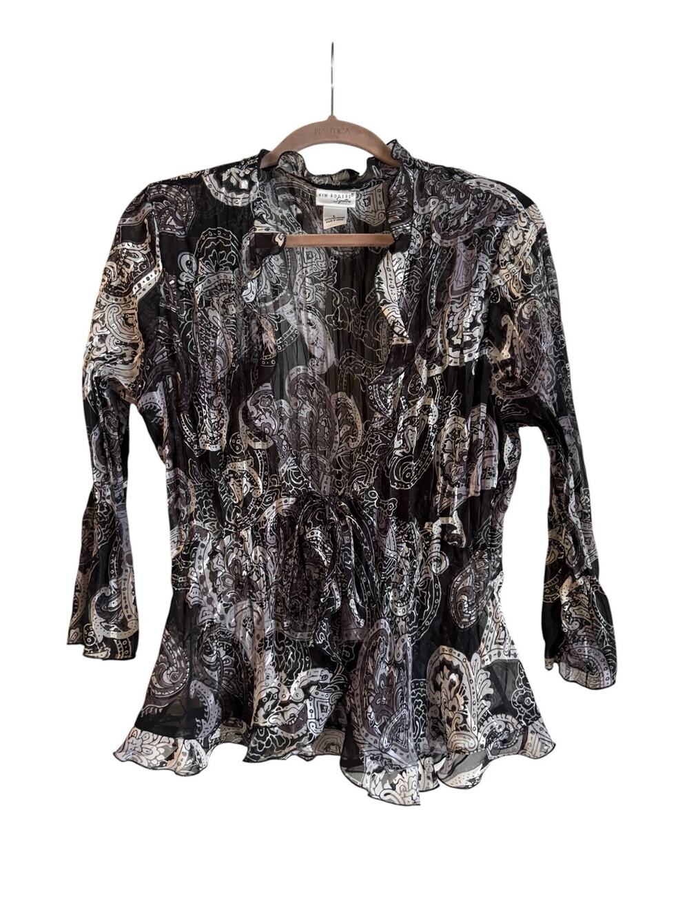 Kim Rogers Signature Women’s Ruffle Hem Blouse Pleated Y2K Tie Sheer Large